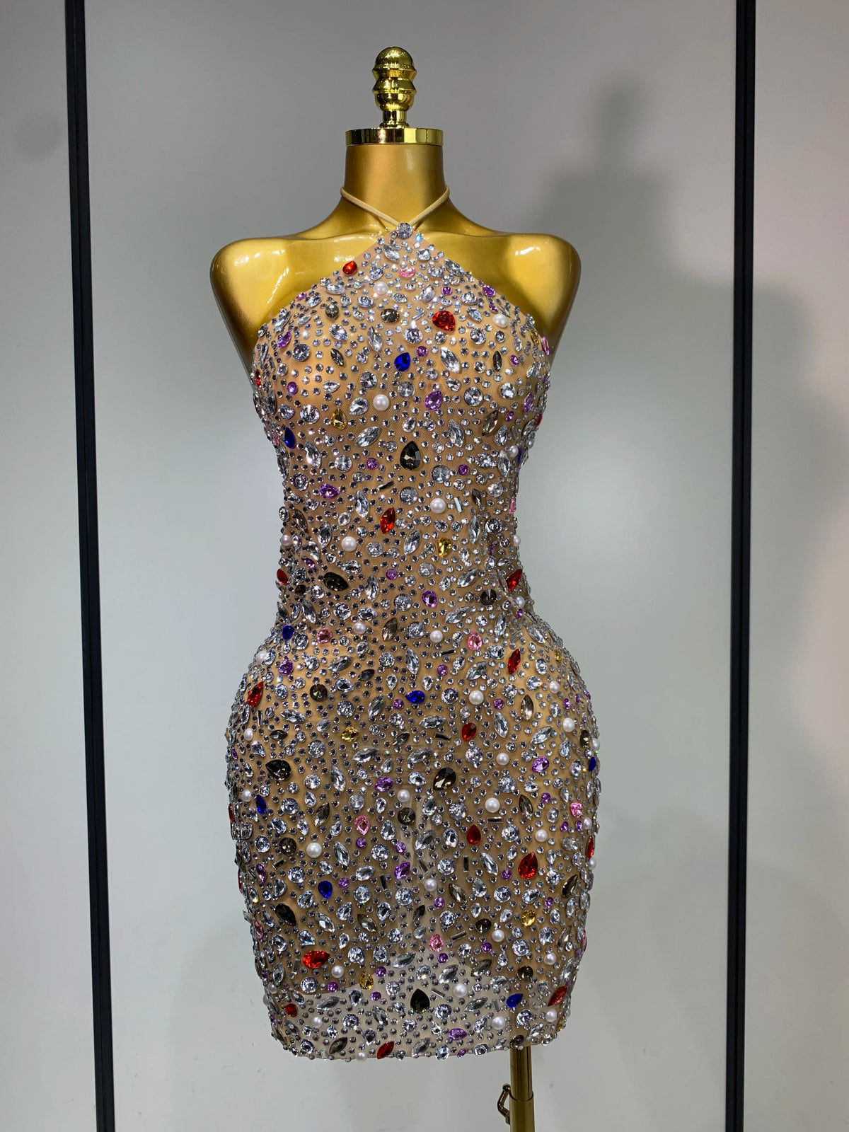 Colorful Crystals Diamond Women Sexy Halter Mesh See Through Bodycon Dress Nightclub Evening Party Celebrate Birthday Costume