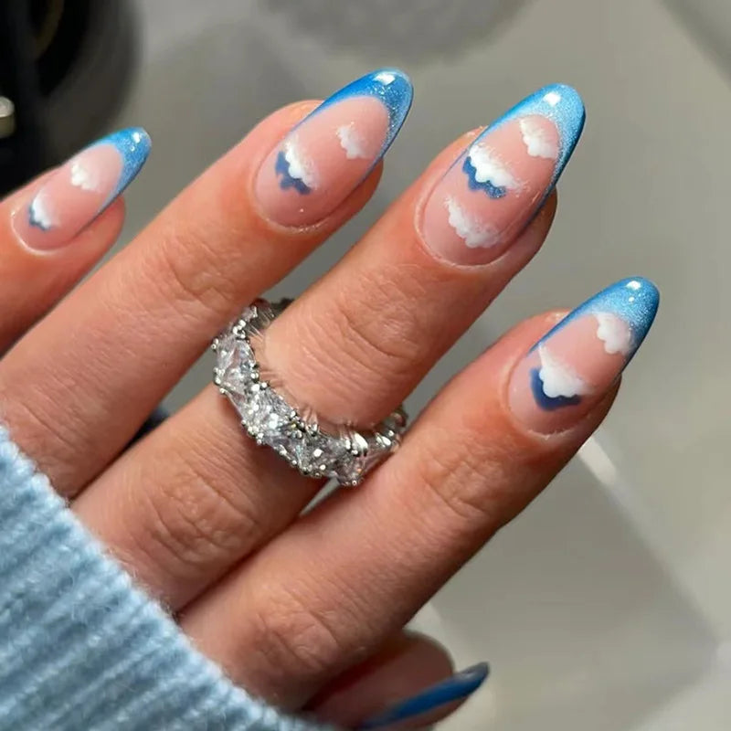 24Pcs Mid-length Almond Press on Fake Nails with Cat's Eye Blue Smudge Design False Nail Star Moon Pattern Reusable Manicure Tip