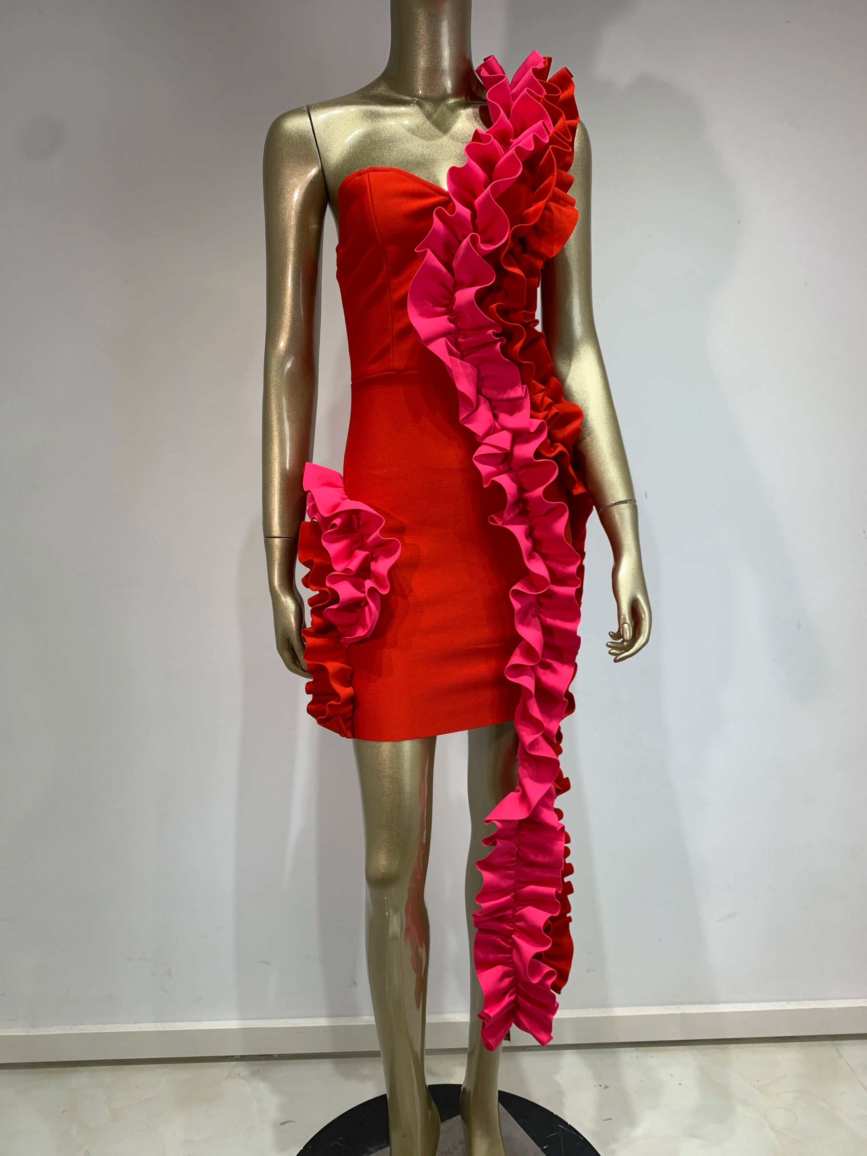 Women Summer Bandage Dress 2024 Women Celebrity Sexy One Shoulder Ruffles Red Bodycon Elegant Evening Club Party Dress
