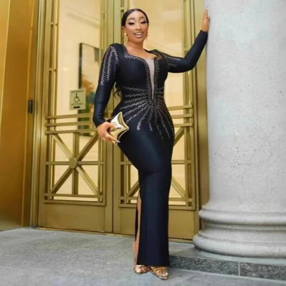 Top Quality Women Long Sleeve Sexy Shinning Golden Rhinestones Bodycon Long Bandage Dress Celebrate Nightclub Party Outfit