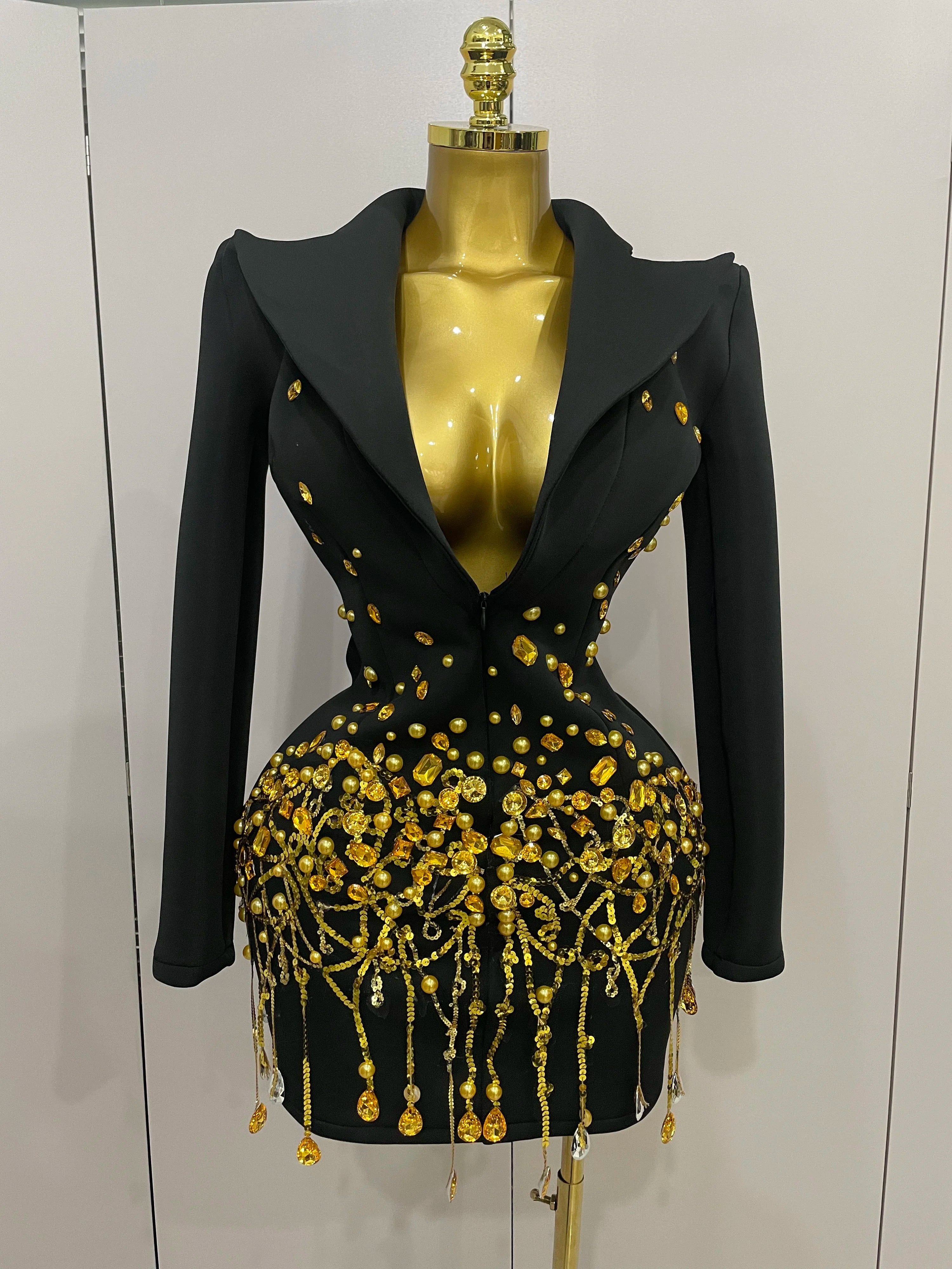 2025 Sparkly Crystal Chains Pearls Long Sleeve Mini Dress Women Birthday Evening Party Nightclub Outfit Singer Wedding Costume