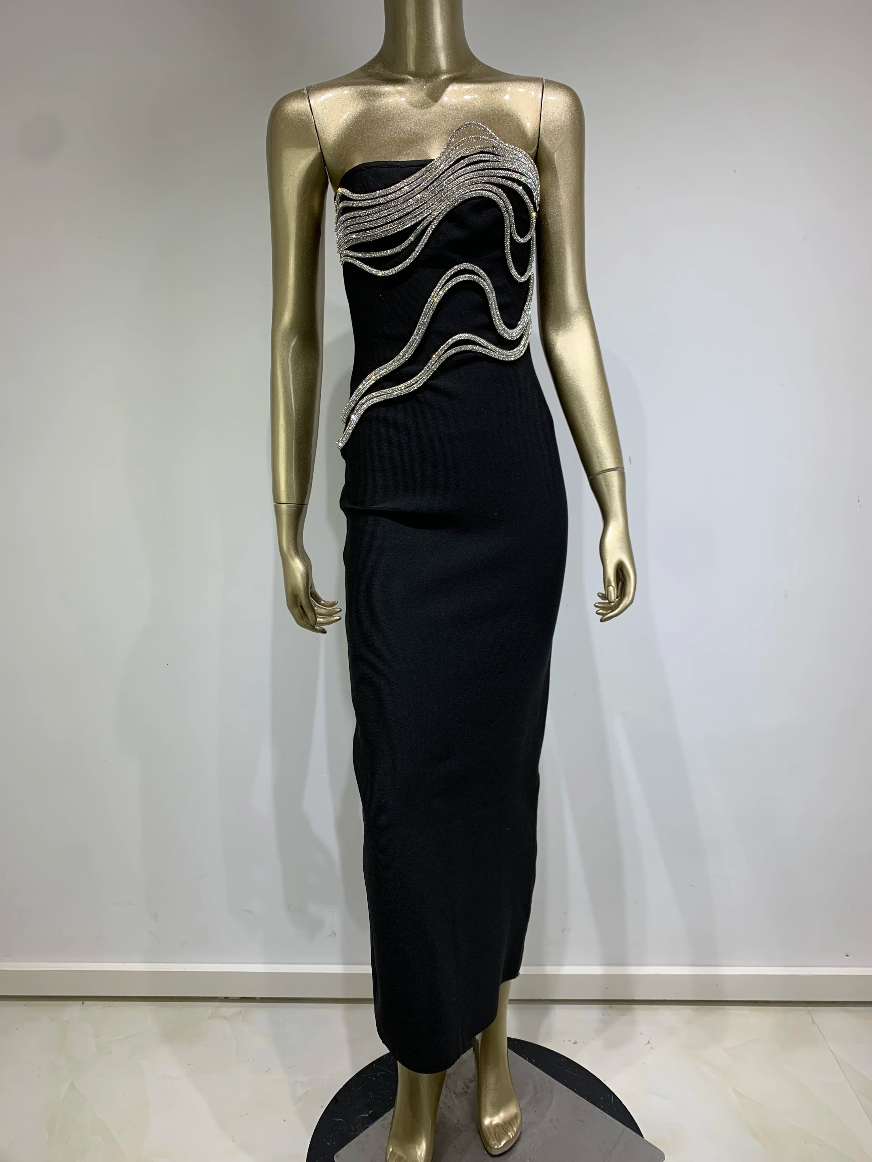 Women Celebrity Sexy Strapless Backless Diamonds Black Maxi Long Bodycon Bandage Dress Elegant Evening Club Party Dress