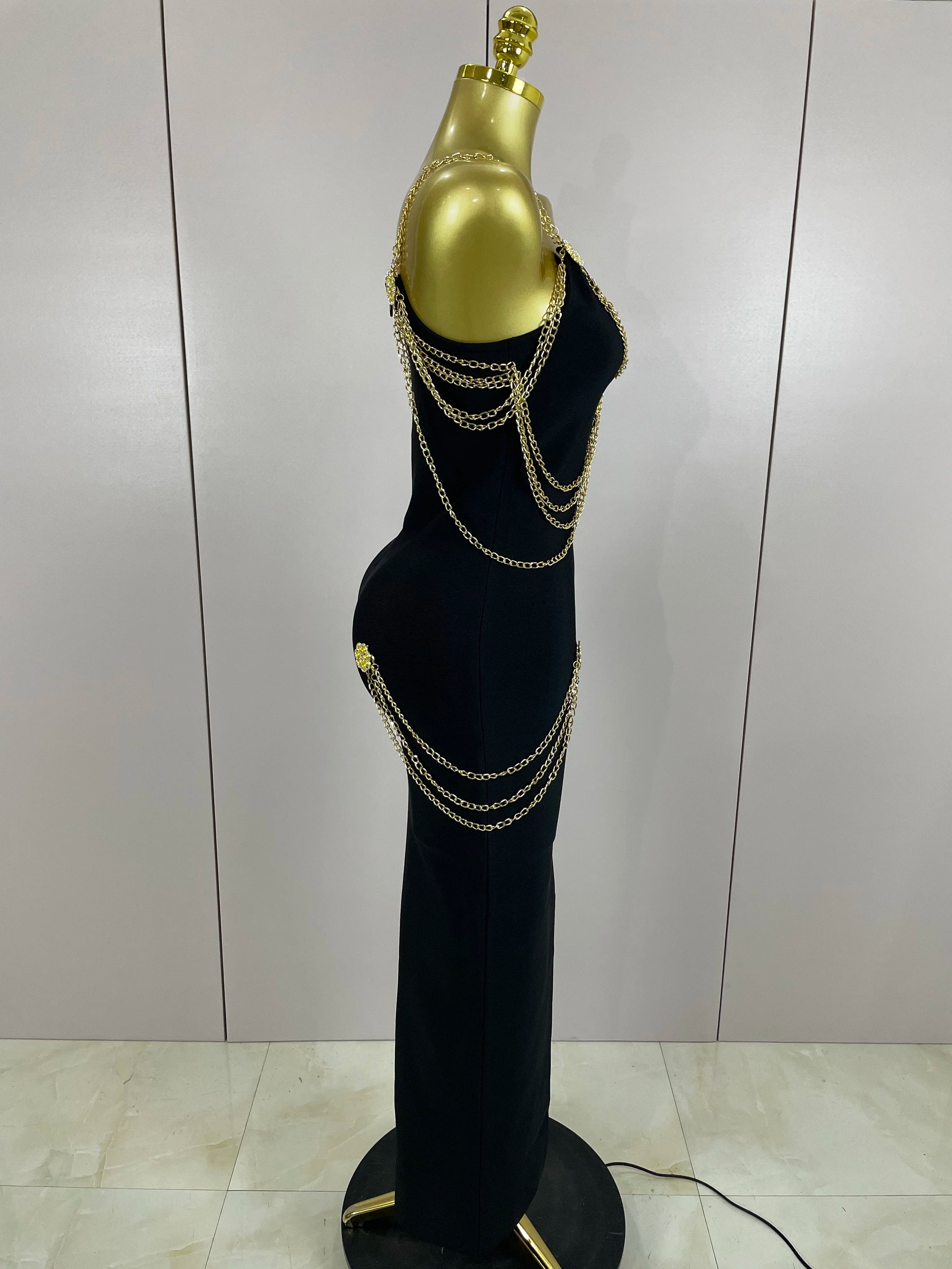 2025New High Quality New Black Chain Spaghetti Strap V-Neck Split Bandage Dress Bodycon Celebrity Club Party Long Dress Vestidos