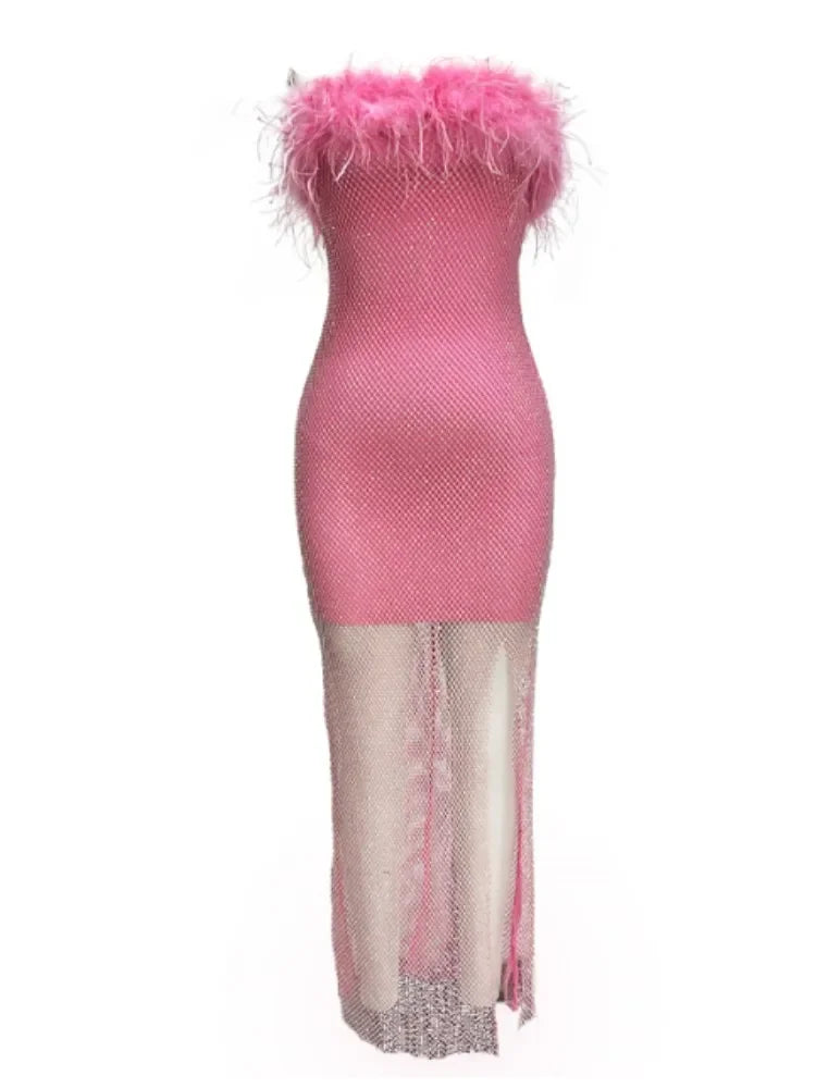 Women Sexy Strapless Ostrich Feathers Pink Crystal  Bodycon Bandage Dress 2024 High Street Shineing Split Party Dress Vestido