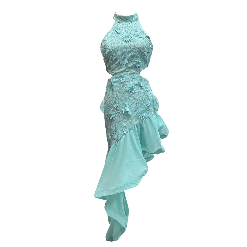 TWOTWINSTYLE Asymmetrical Hollow Out Dresses For Women Round Neck Sleeveless High Waist Embroidery Slimming Dress Female Style