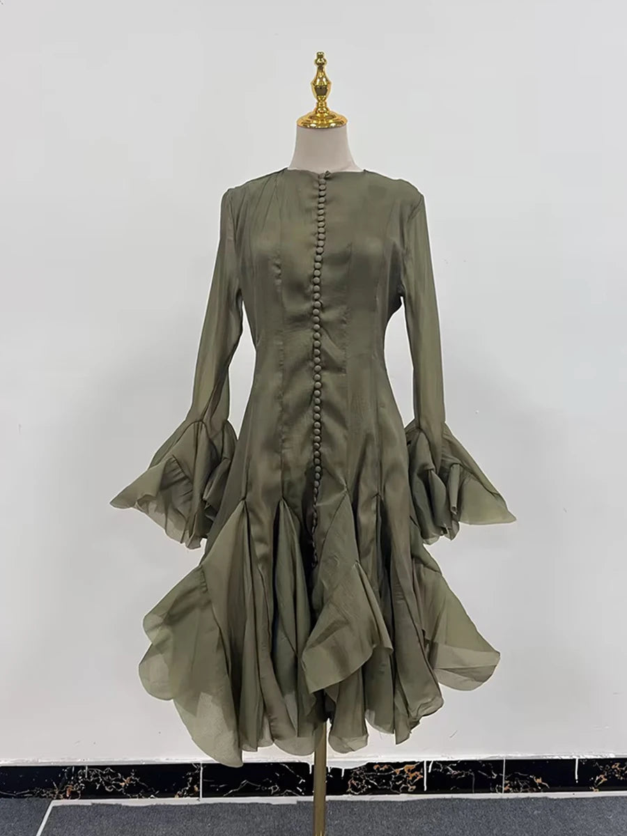 TWOTWINSTYLE Solid Spliced Button Slimming Dresses For Women O Neck Long Sleeve High Waist Patchwork Ruffles Female Fashion New