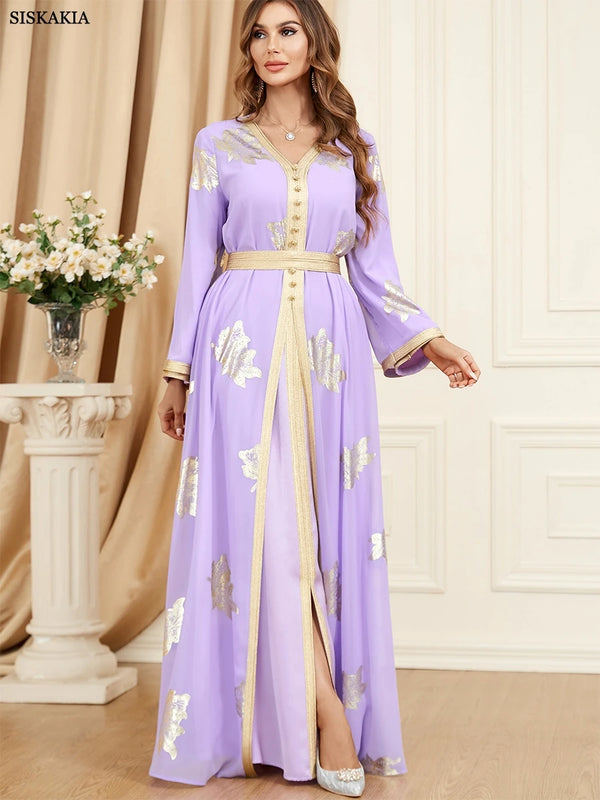 2 Pieces Abaya Dress Set For Women Modest Muslim Moroccan Jalabiya Dubai Turkish Kaftan Islamic Clothing Gold Stamping
