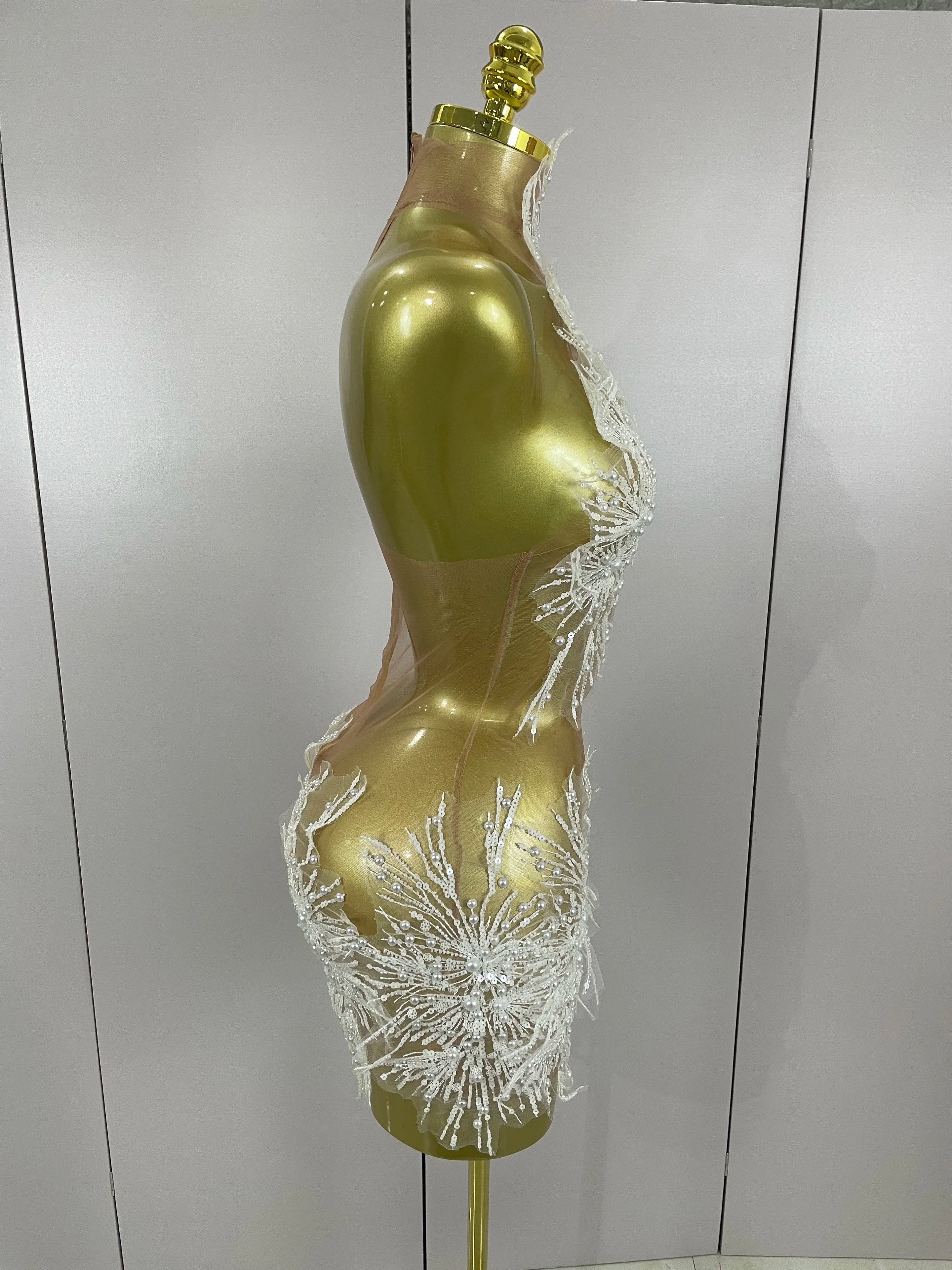 Stock Women Sexy Mesh See Through Pearl Lace Party Mini Dress Celebrate Birthday Photo Shoot Wear Performance Stage Costume