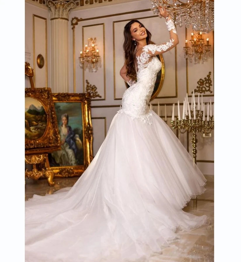 Romantic white wedding dress with tulle applique V-neck long sleeve formal mermaid floor-length bride dress فساتين للحفلات الراق