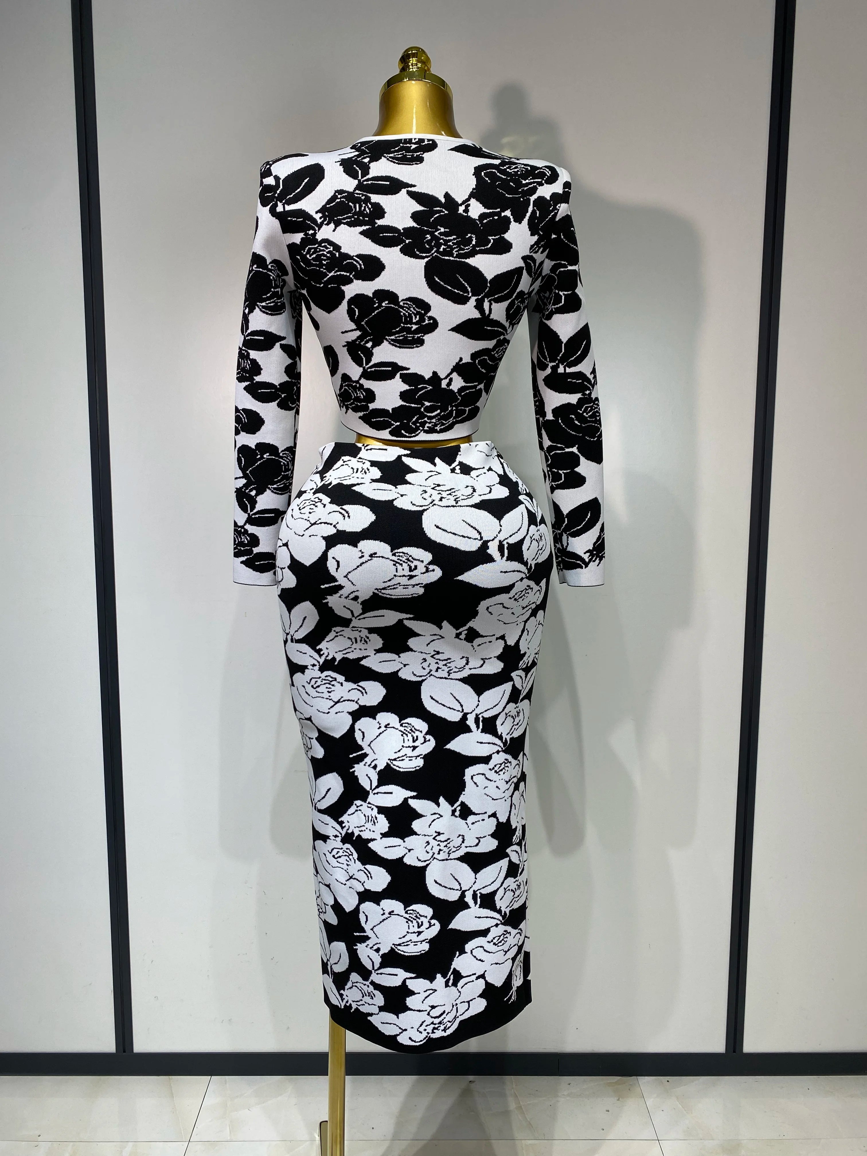 2025 New Arrival Women Long Sleeve Jacquard Weave Two Pieces Set Celebrity Red Carpet Dress Birthday Bodycon Bandage Women's Set
