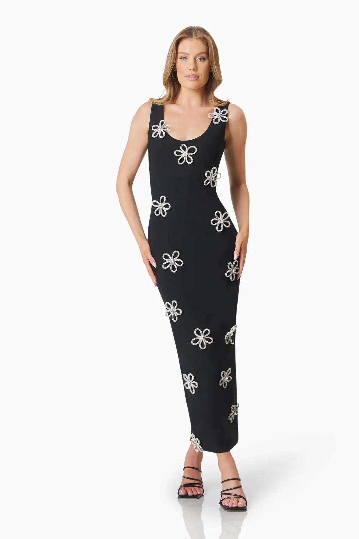 Top Quality Shinning Diamond Flowers Women Sleeveless O-Neck Bodycon Bandage Long Dress Celebrate Evening Party Runway Outfit