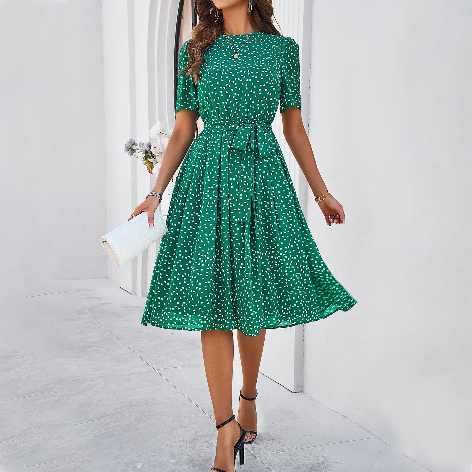 Elegant Office Lady Lace Up Dress Women Casual Short Sleeved Women's Dress 2024 Spring Summer New Polo Dot Printed Dress Up