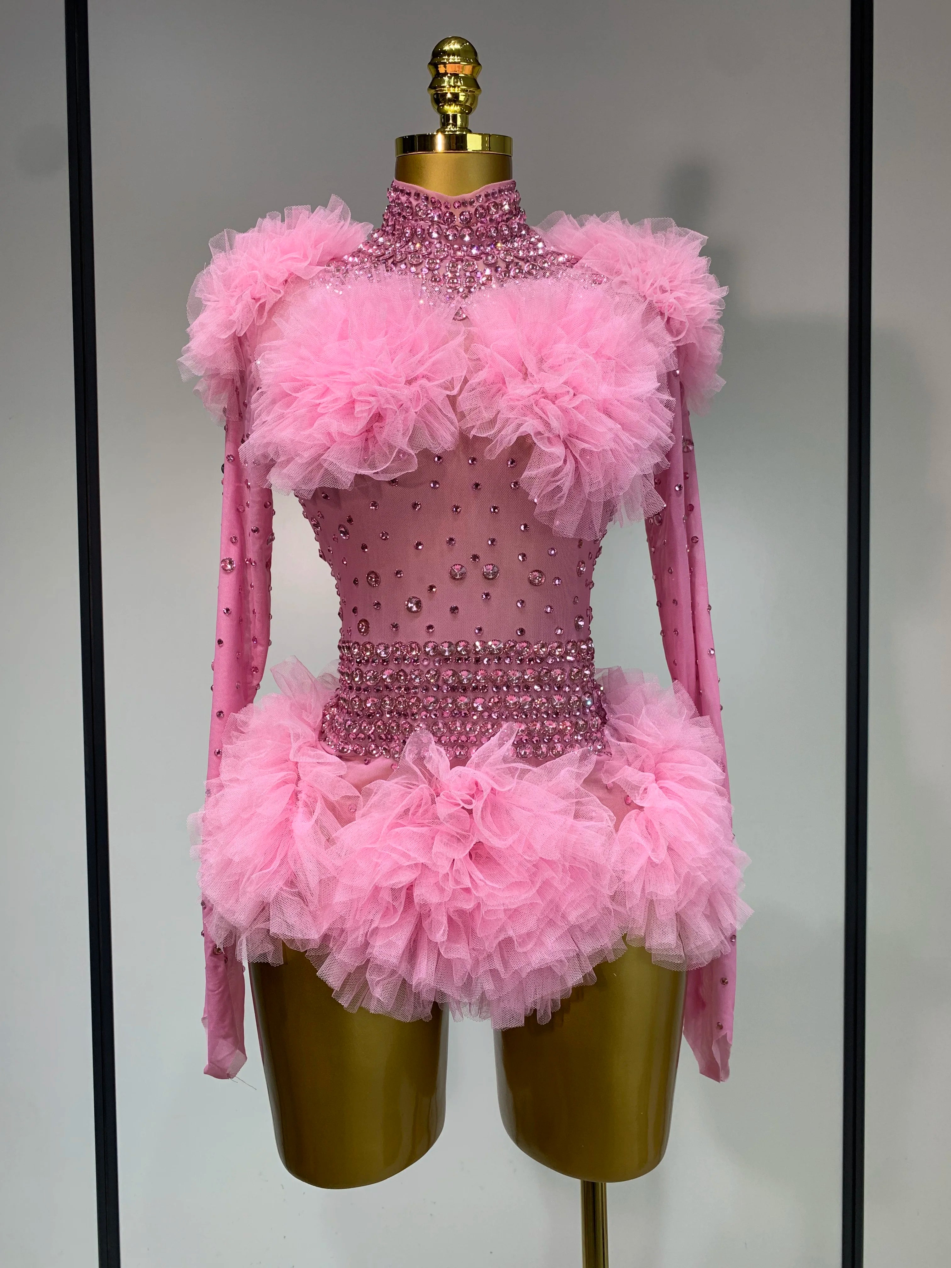 Sexy See Through Luxury Rhinestone Bodysuit Women Sexy Bodycon Mesh Ruffles Performance Dance Singer Nightclub Stage Outfit