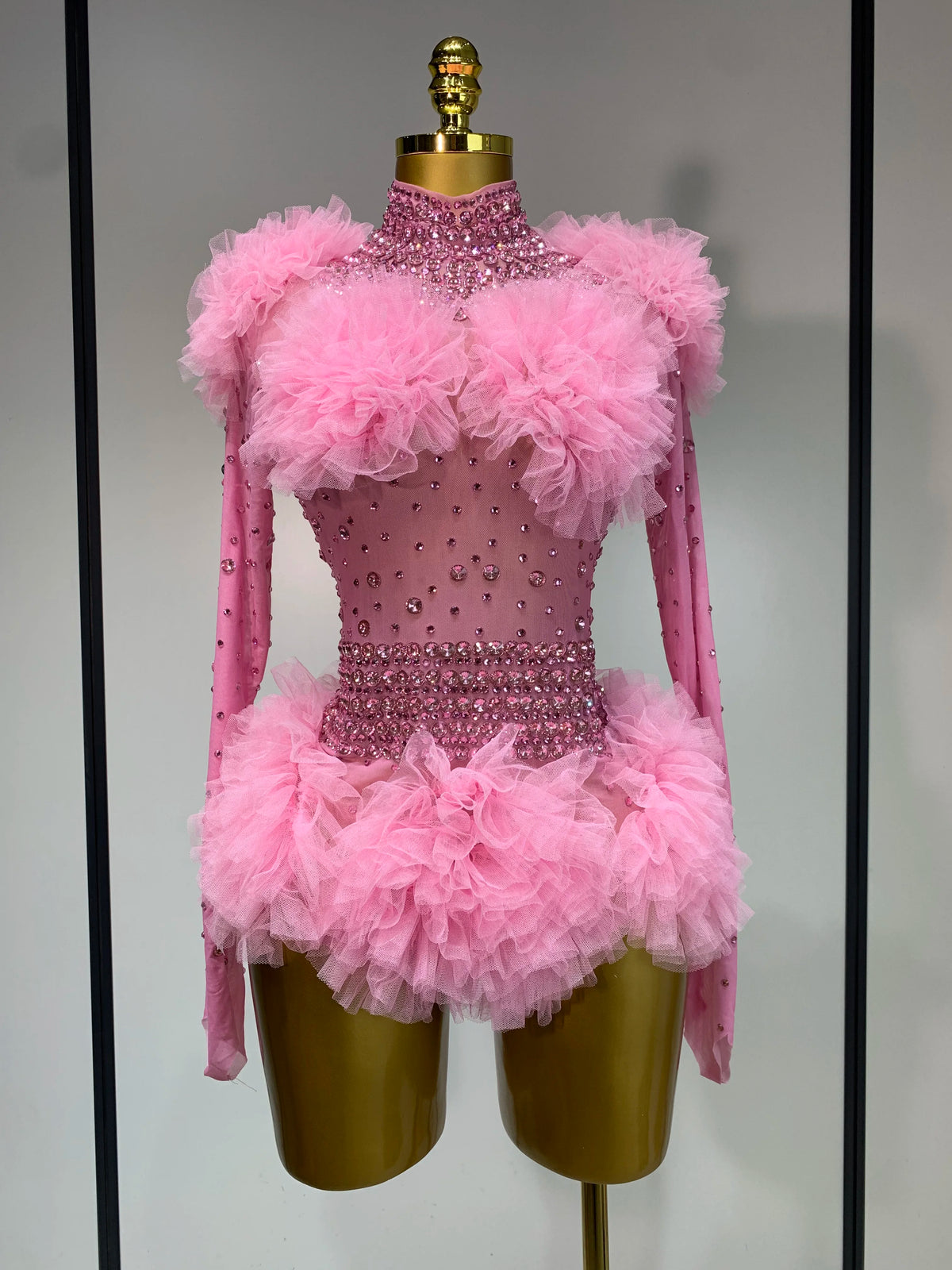 Sexy See Through Luxury Rhinestone Bodysuit Women Sexy Bodycon Mesh Ruffles Performance Dance Singer Nightclub Stage Outfit