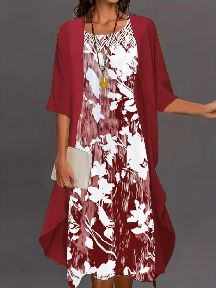 Plus Size 2024 Autumn New Women's Floral Printed Long Dress Printed Pattern Two-piece Dress Round Neck Temperament Elegant Dress