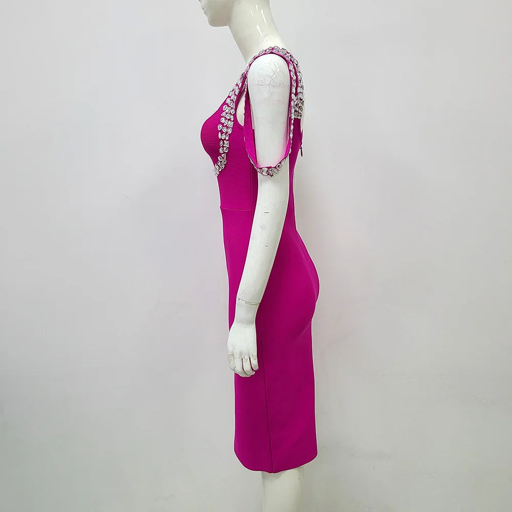 2023 New Summer Women's High Quality Sexy Sleeveless Diamond Tight Midi Bandage Dress Elegant Celebrity Party Dress