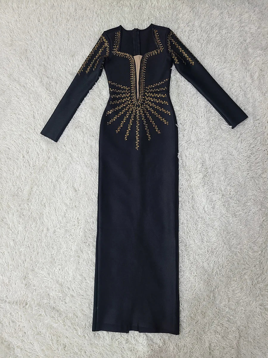 High Quality Women Long Sleeve Sexy Golden Rhinestones Bodycon Long Bandage Dress Nightclub Party Celebrate Fashion Dress