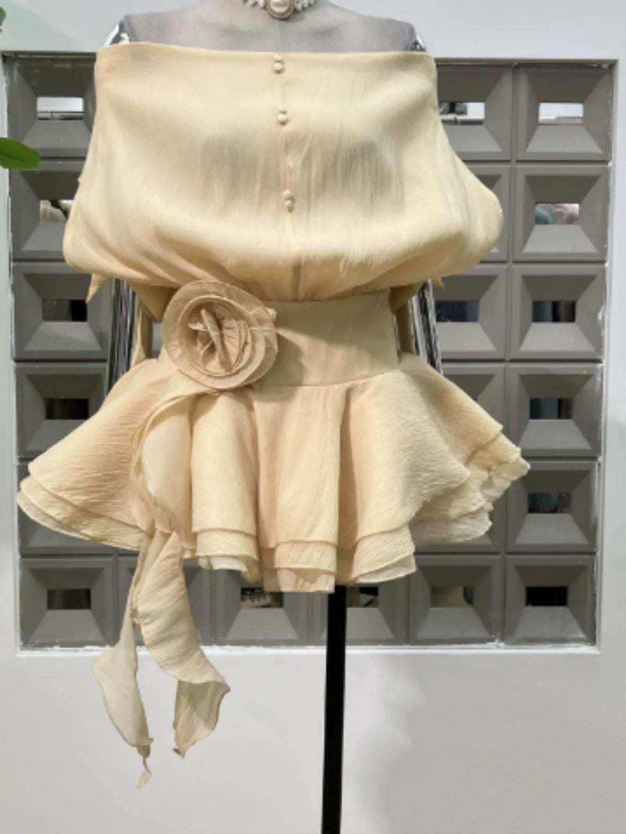 TWOTWINSTYLE Solid Loose Spliced Ruffles Mini Dresses for Women Slash Neck Sleeveless Patchwork 3D Flower Dress Female Clothing