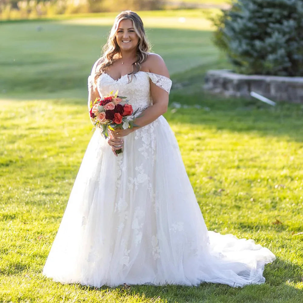 Vestidos de novia de talla grande para mujer, vestido de novia con hombros descubiertos, vestido de novia largo con apliques de encaje y cinturón de cristal, vestido nupcial 