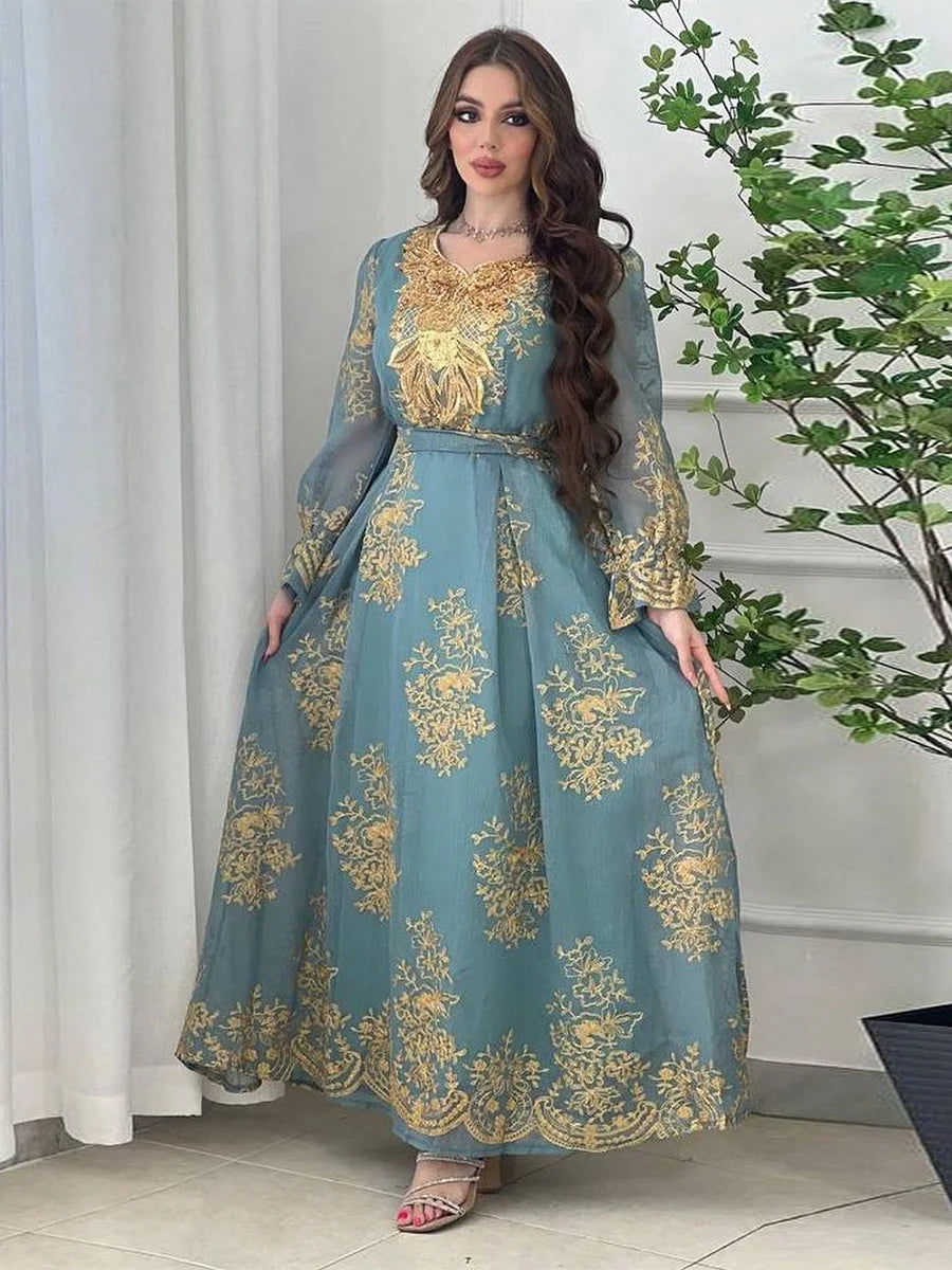 Muslim Evening Dress for Women Arab Dubai Moroccan Kaftan Chic Mesh Sequins Applique Embroidery Party Abaya Eid al-Adha Green Dress