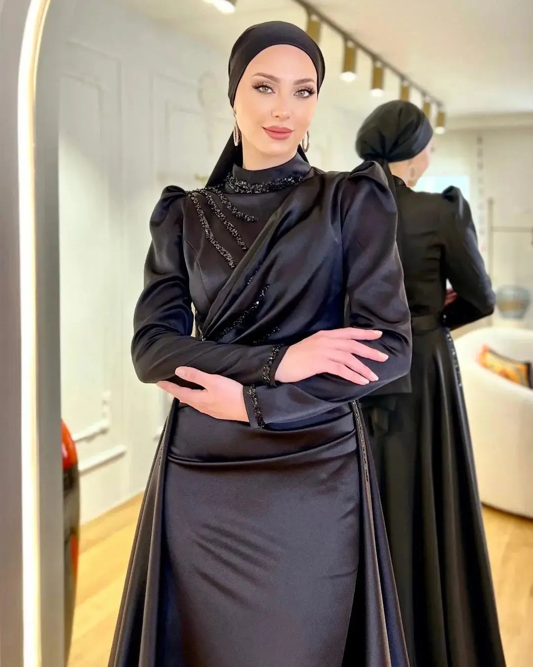 Elegant Muslim Evening Gown Mermaid Long Sleeve Formal Dress High Neck Arabia Dubai Wedding Party Dress Vestidos De Noite