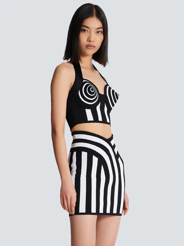 Women Summer Celebrity Sexy Backless Halter Striped Mini Bandage Skirt Set Knitted Elegant Evening Club Party Clothing