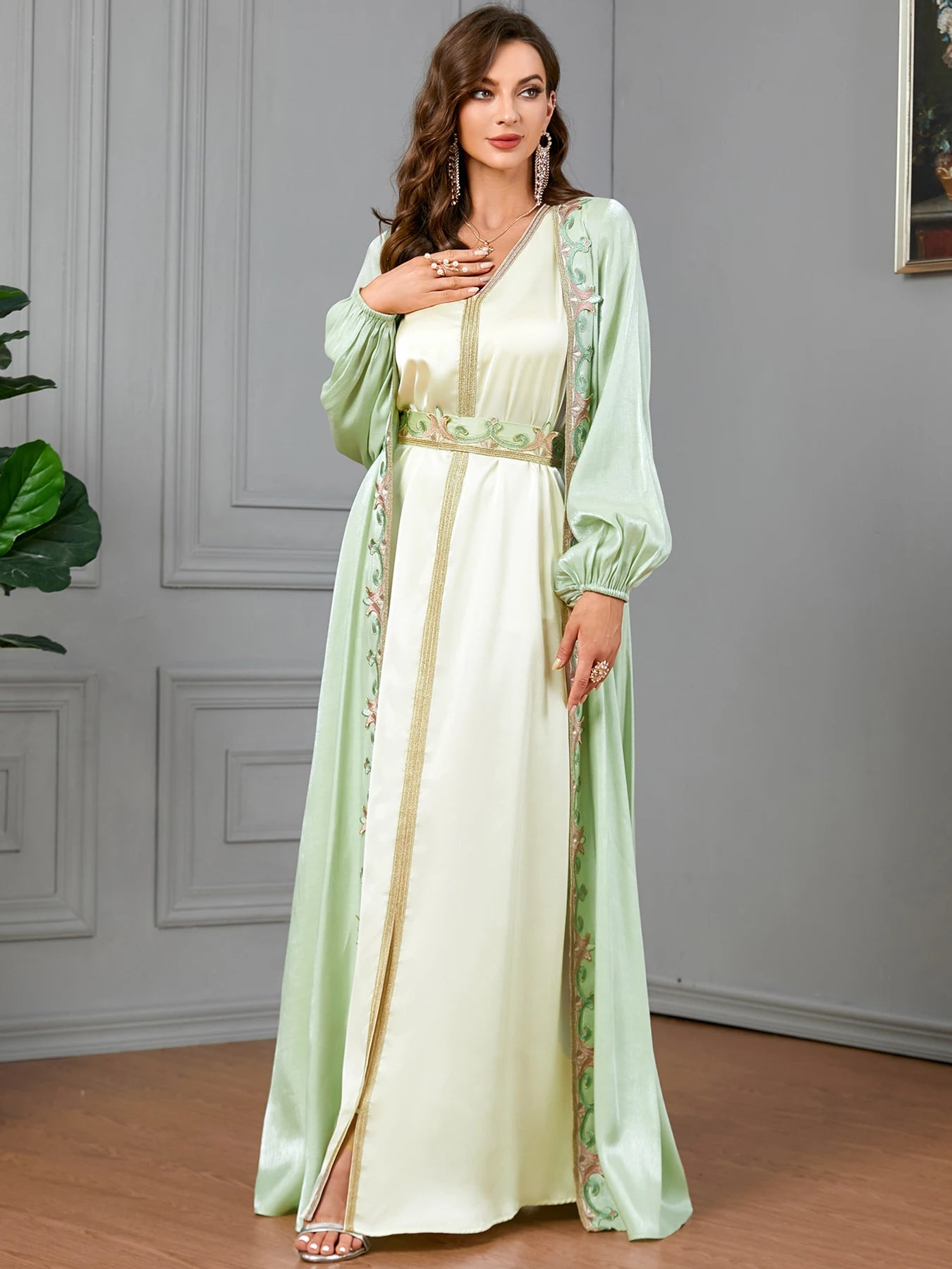 Satin 2 Piece Abaya Set Jilbabs For Woman Dubai Solid Tape Trim Lantern Sleeve V-Neck Elegant Sashes Muslim Long Dress