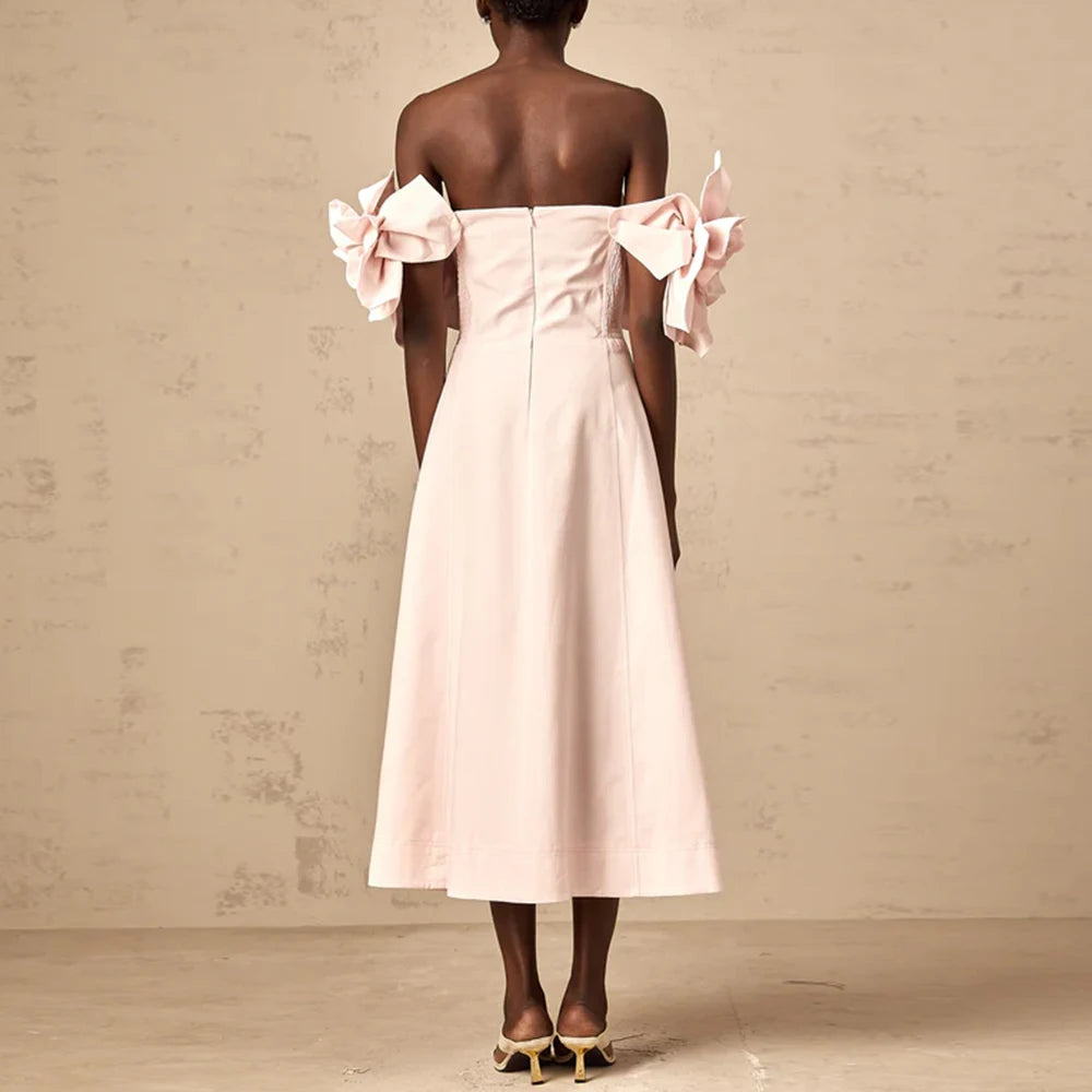 TWOTWINSTYLE Solid Slimming Elegant Dresses for Women Strapless Off Shoulder Patchwork 3D Flowers Fashion Dress Female Clothing