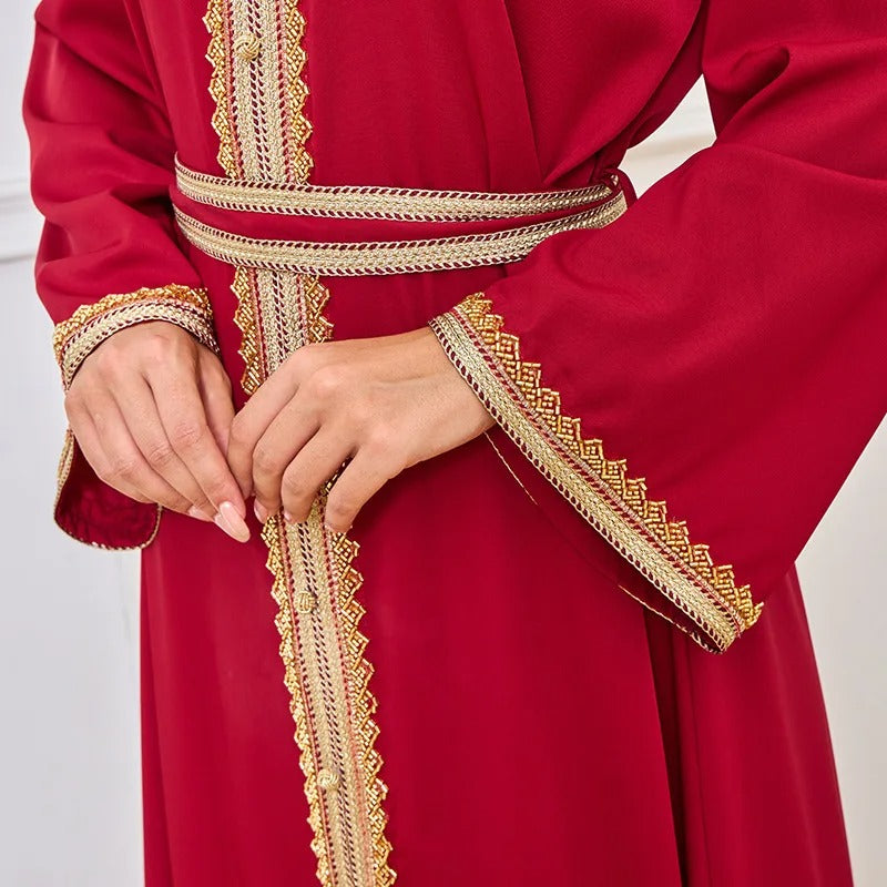 Mode solide Abaya islamique bande garniture manches longues col en v ceinturé vêtements élégant décontracté caftan marocain pour les femmes