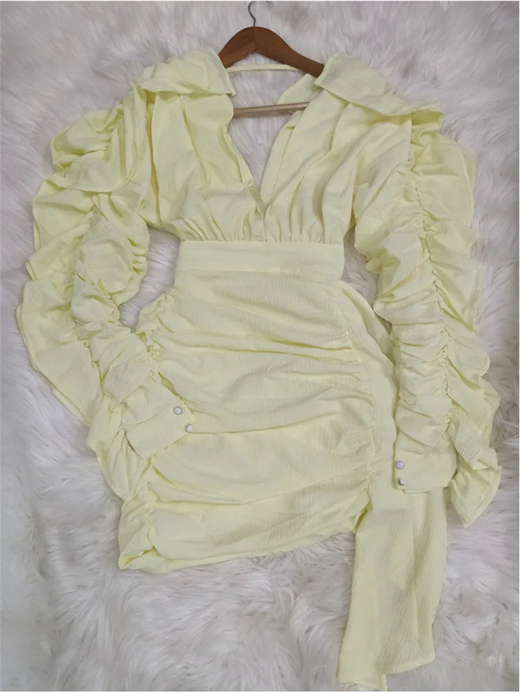 2022 New Yellow Green Women Butterfly Sleeve Sexy Deep V-Neck Bodycon Mini Dress Fashion Nightclub Party Dress