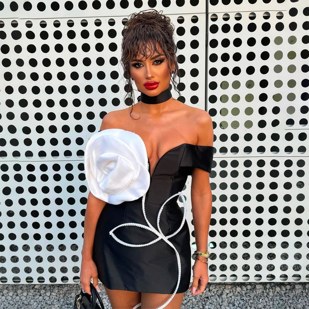 New Arrival Women Sexy Off the Shoulder Big Florals Bodycon Mini Bandage Dress Celebrity Fashion Evening Party Red Carpet Dress