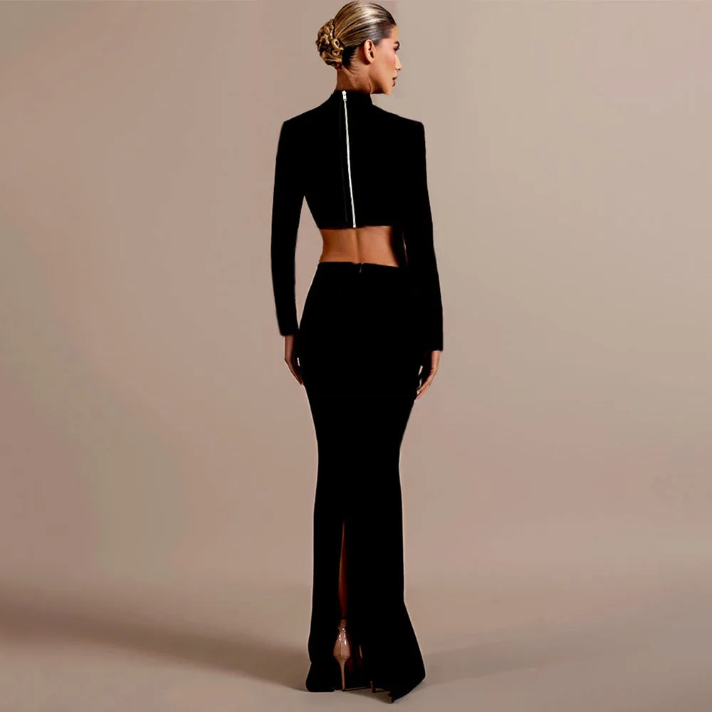 2025 New Black Red Women Long Sleeve Shinning Diamond 2 Pieces Bodycon Bandage Long Dress Elegant Normal Evening Party Outfit