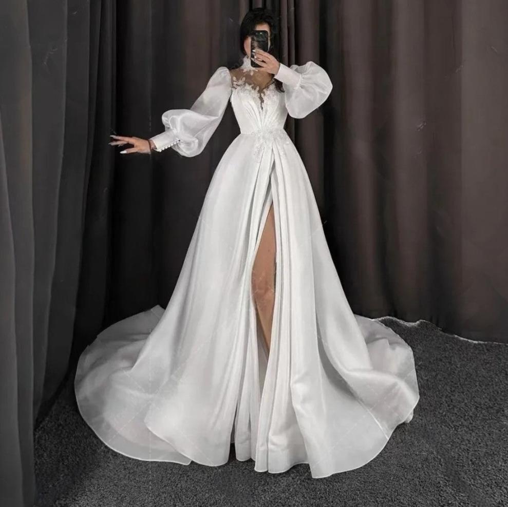 Vestidos De Novia De línea A para mujer De lujo apliques De encaje con forma De corazón Vestidos De Novia De satén con abertura lateral Sexy Vestidos formales elegantes De Novia