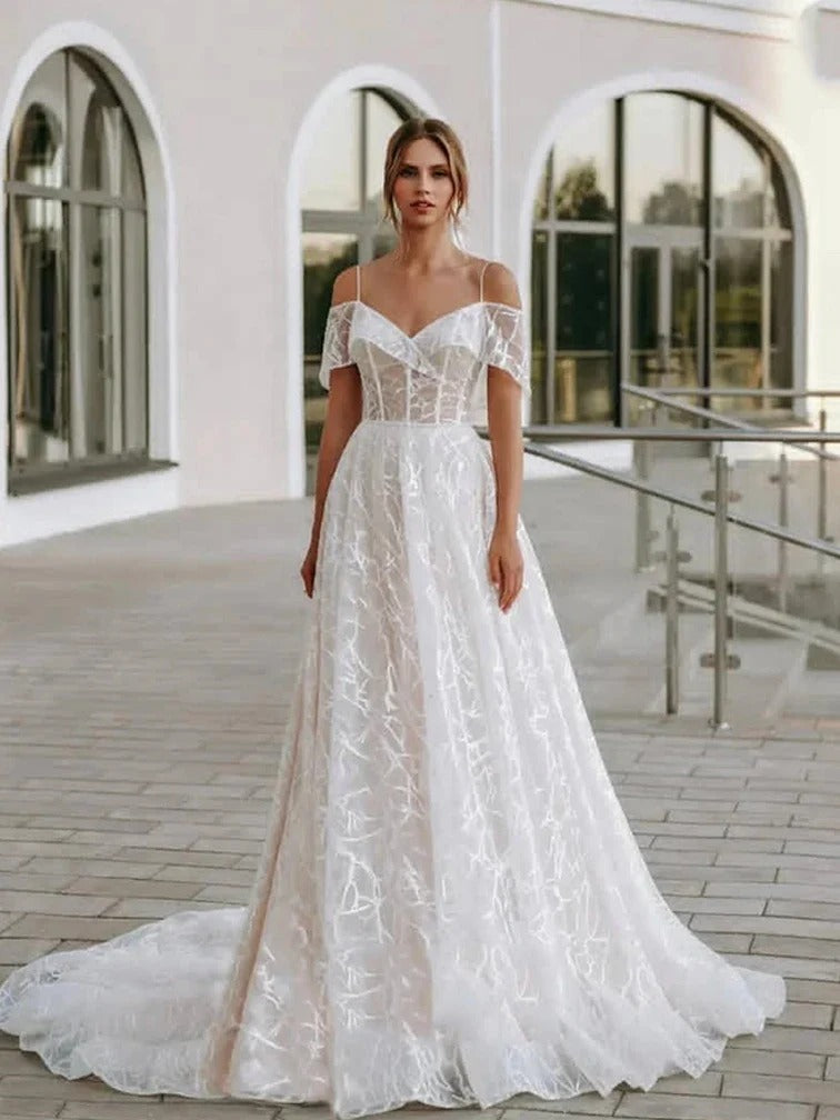 I OD Elegant A-Line Wedding Dresse Spaghetti Short Sleeves V-neck Open Back Lace Up Applique Tulle Bridal Gowns Court Train