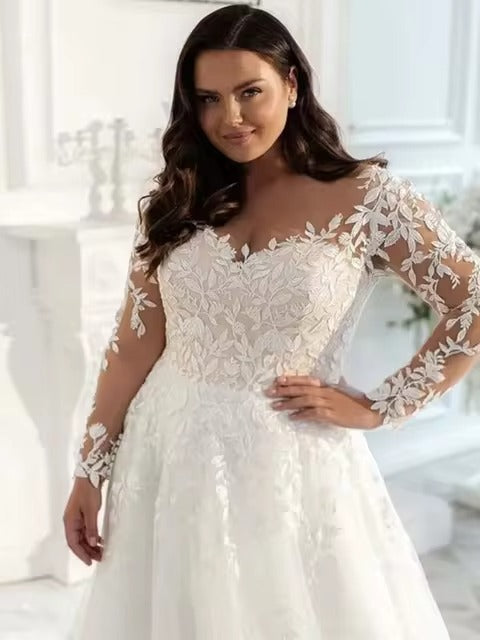 Vintage Lace Wedding Dresses Plus Size Elegant Big Women's Long Sleeves Scoop A Line Tulle Bridal Gowns свадебное платье Robe De