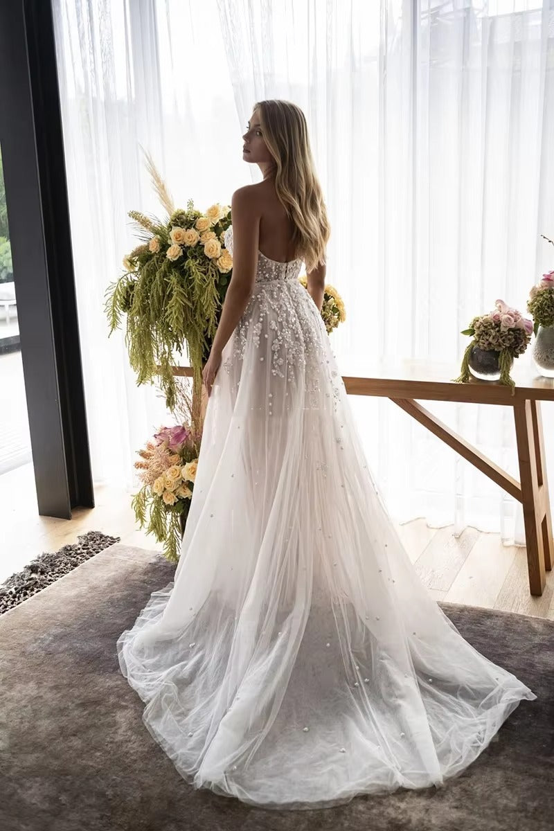 Abito da sposa bohémien di Ottale da spalla in rilievo con perle Appliques abito da sposa Boho Bridal Vestido de Noiva