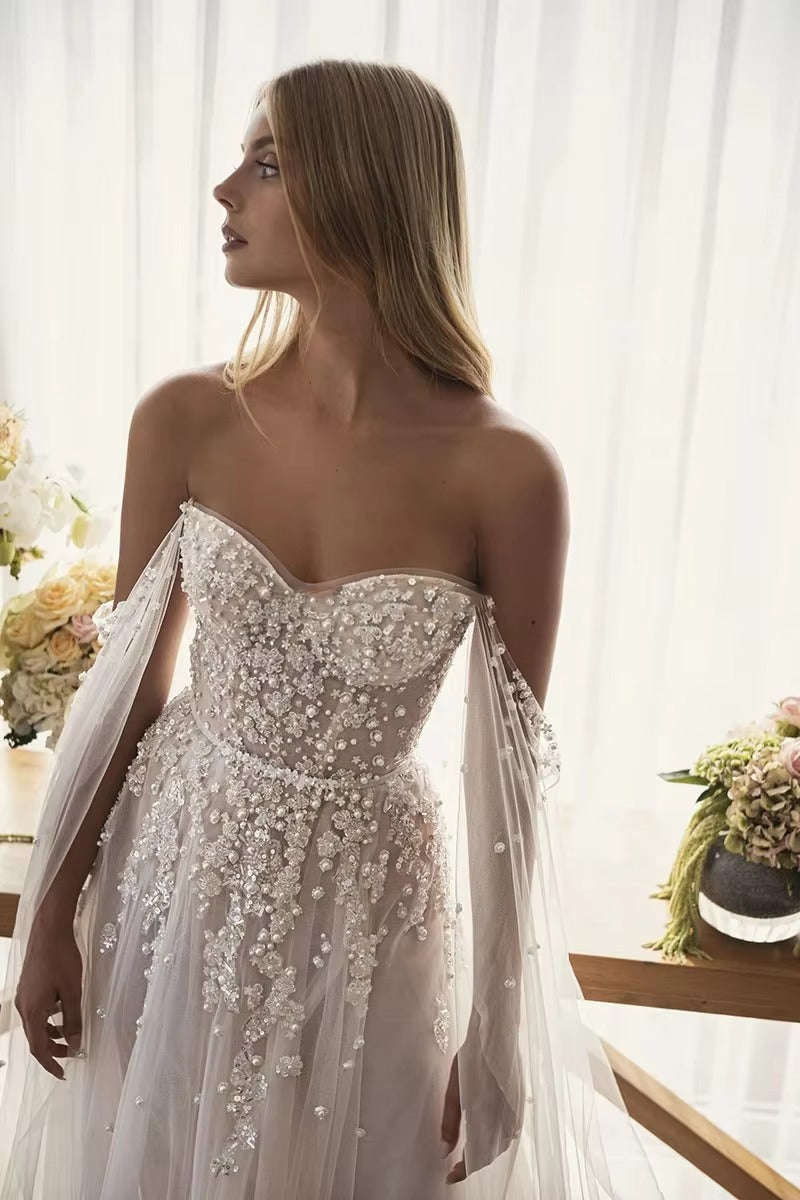 Abito da sposa bohémien di Ottale da spalla in rilievo con perle Appliques abito da sposa Boho Bridal Vestido de Noiva