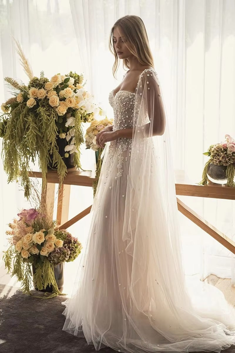 Abito da sposa bohémien di Ottale da spalla in rilievo con perle Appliques abito da sposa Boho Bridal Vestido de Noiva