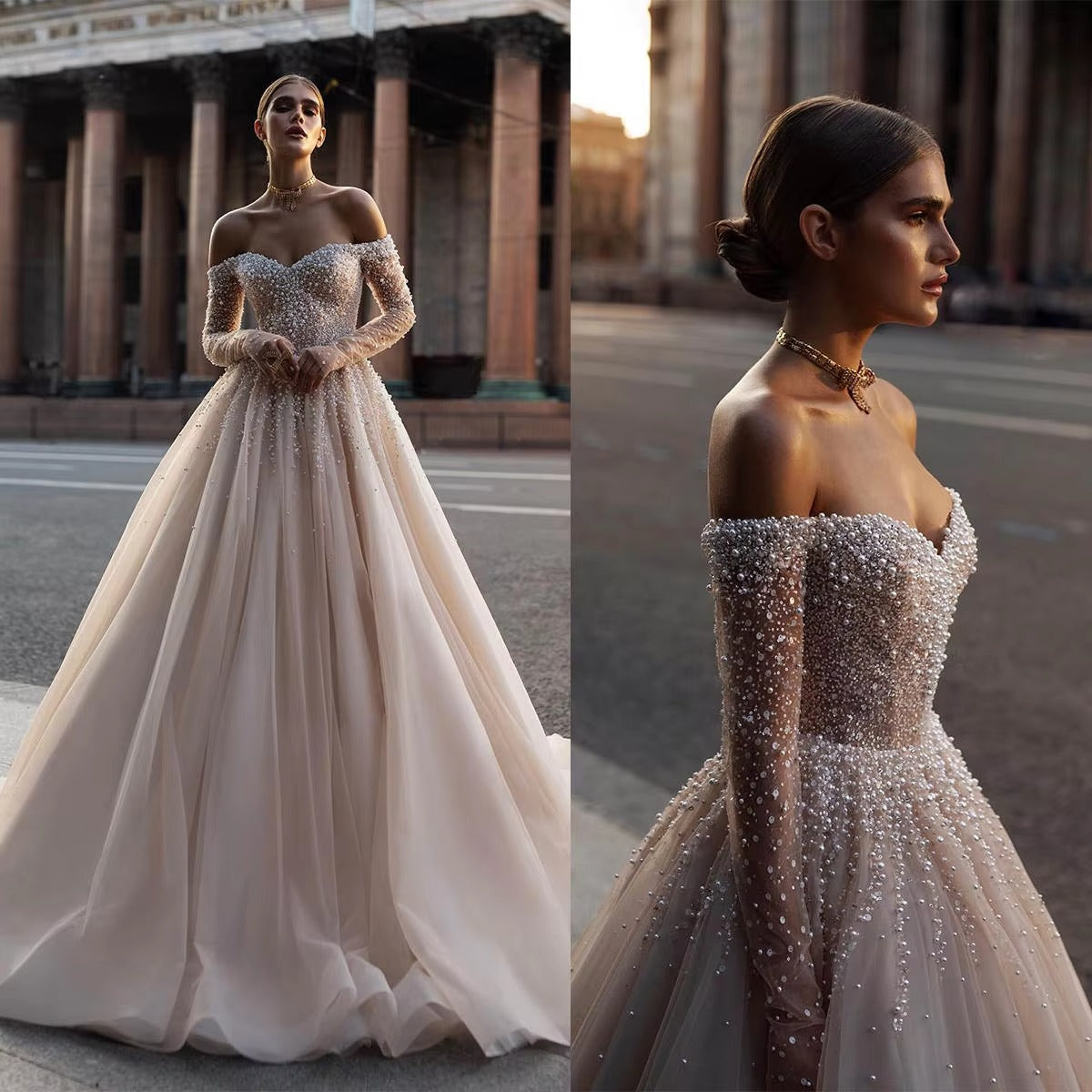 Vestido De novia elegante con hombros descubiertos, vestido De novia con lentejuelas brillantes y perlas, vestido De novia largo De lujo con corte en A 