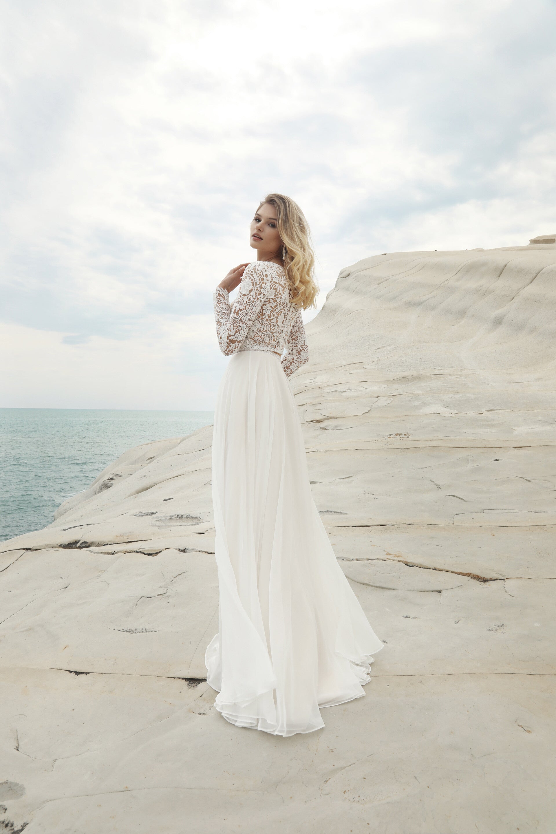 Tweede stuk Boho Lace Chiffon Beach Wedding Jurk Bruid lange mouwen o-neck elegante a-line bruidsjurk 2 in 1 vrouwen