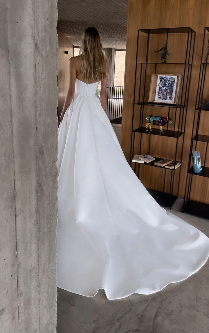 Robe De mariée trapèze en Satin Vintage, sans bretelles, avec traîne à balayage, fente haute, personnalisée, sur mesure