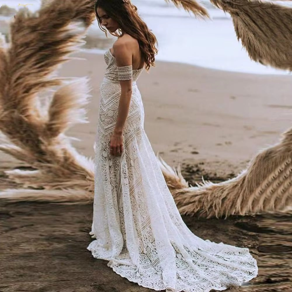 Abiti da sposa in pizzo della sirena boho fuori dagli abiti da sposa delle spalle abiti da sposa a lungo spiaggia per la sposa Vestido de nolia