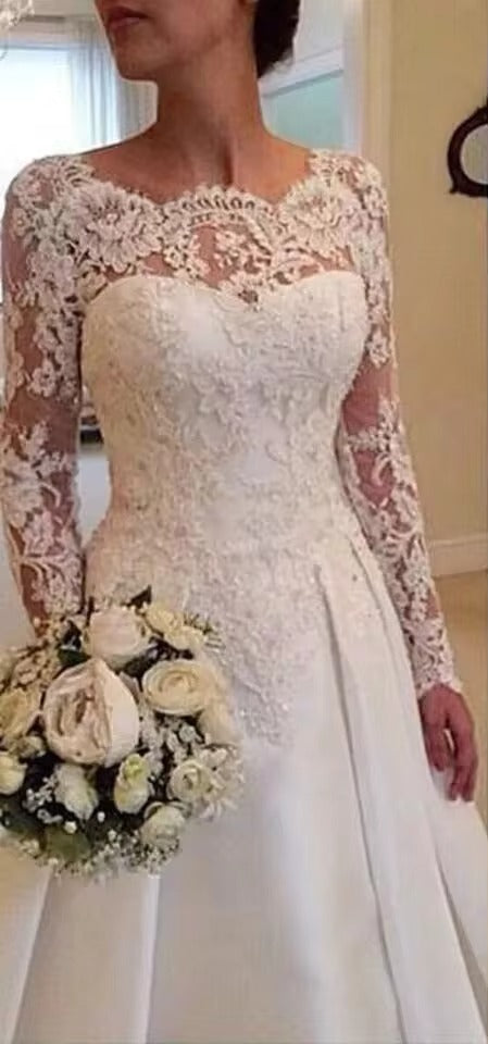 Elegant Backless Wedding Dress Vintage robe de mariée Lace Satin Long Sleeve Bride Dresses Custom Made Robe De Mariee