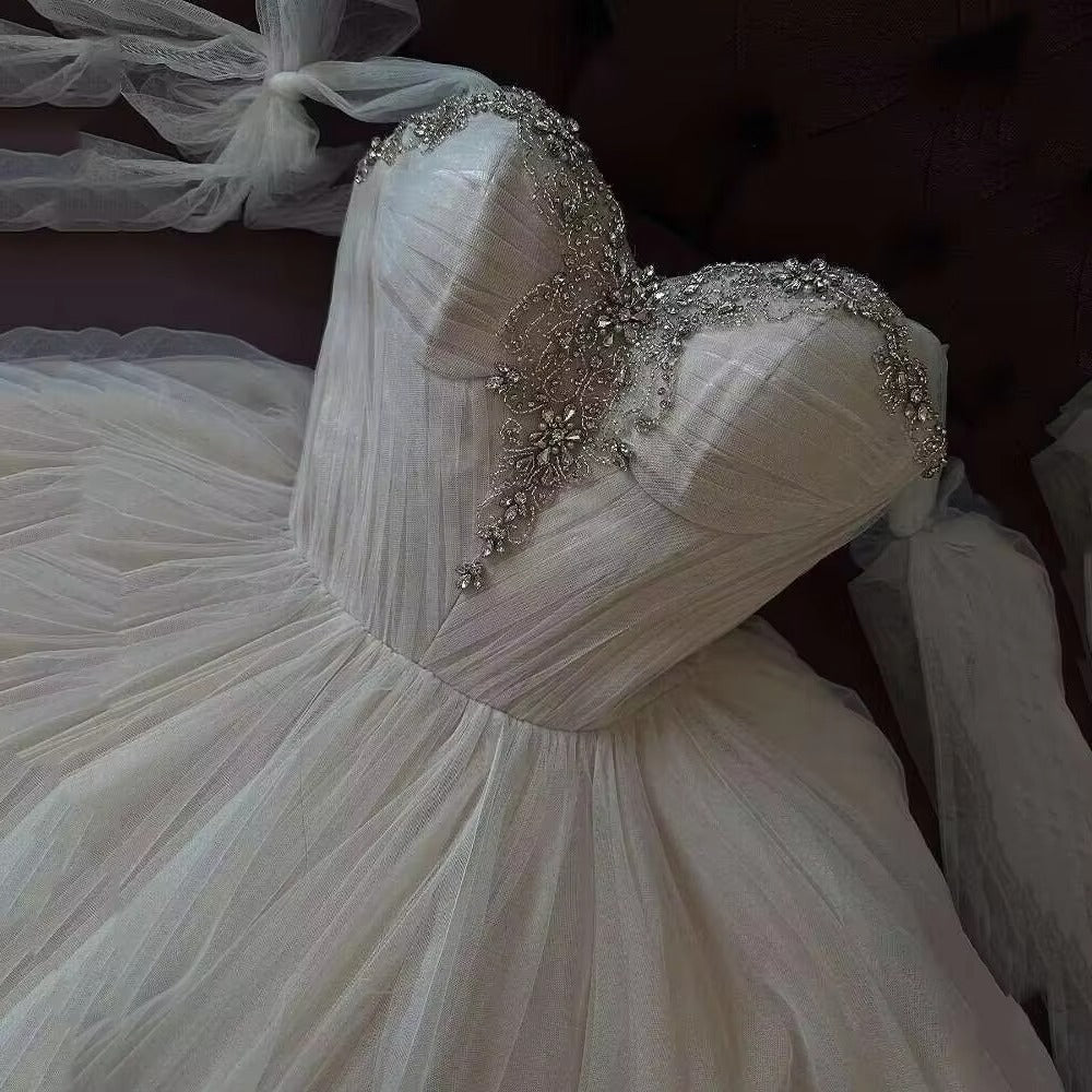 Chic cristallo abito da sposa con perle di spalla per perle vintage abiti da sposa vintage abiti da sposa di lusso corsetto lungo il pavimento