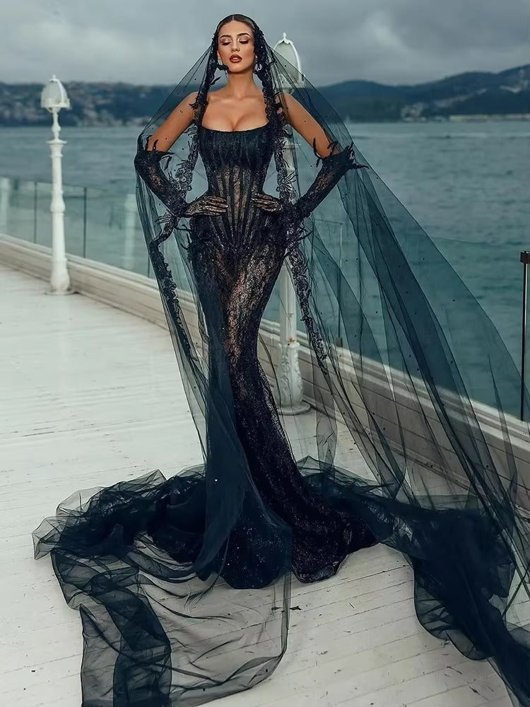 Aleeshuo Sexy Black Black Black Strapless Sermaid Evening Dresse glitter Illude Illuso Abito da sera senza maniche