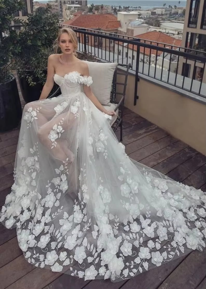 Abito da sposa a spalla abiti da sposa in pizzo in pizzo per la sposa senza schienale della festa di nozze trasparente Robe de Mariée