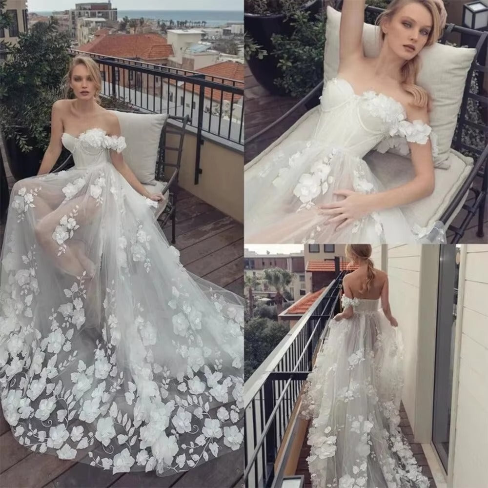 One Shoulder Wedding Dress Tulle Lace Bridal Gowns For Bride Backless Transparent Wedding Party Robe De Mariée