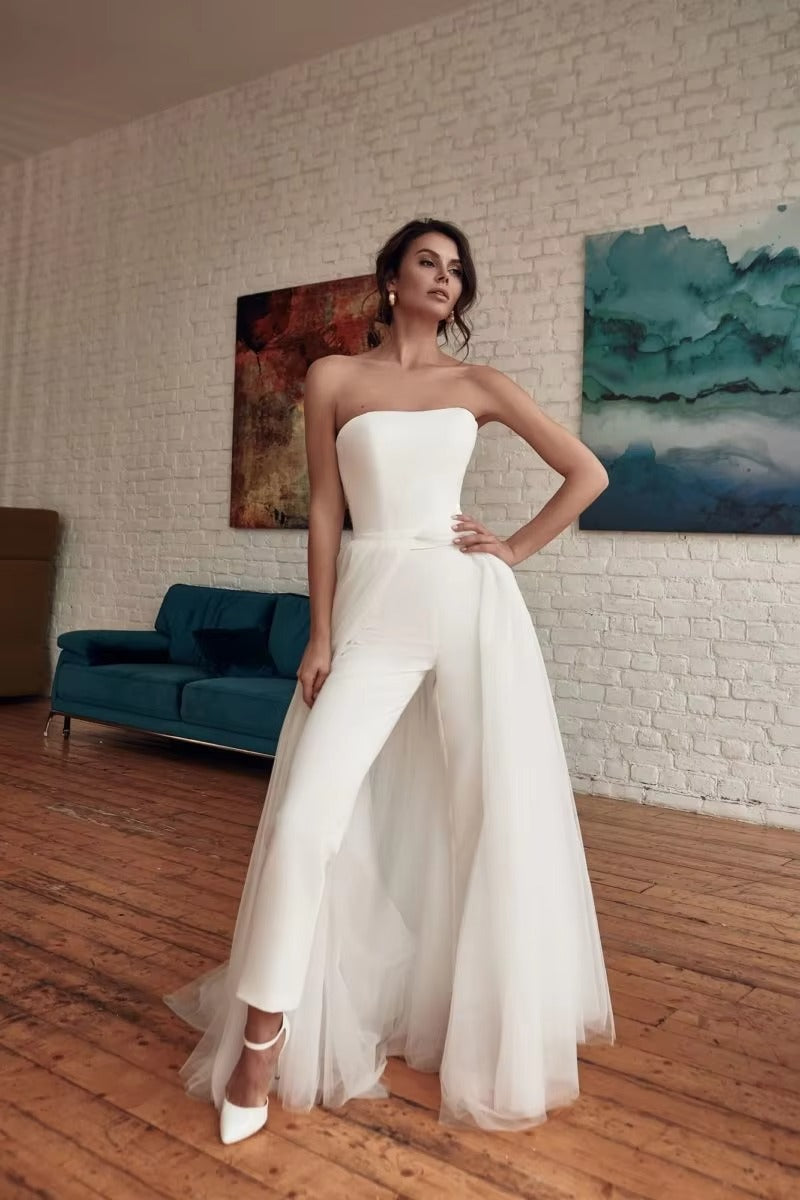 Strapless Wedding Jumpsuit with Detachable Train Summer Holiday Beach Bohemian Bride Dress with Pant Suit Custom Made Party