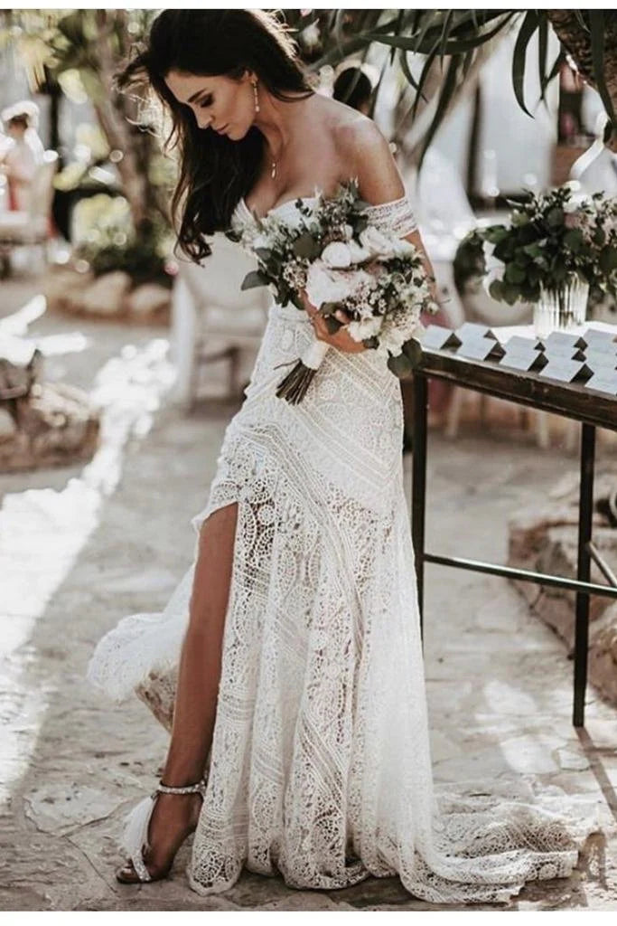 Abiti da sposa in pizzo della sirena boho fuori dagli abiti da sposa delle spalle abiti da sposa a lungo spiaggia per la sposa Vestido de nolia