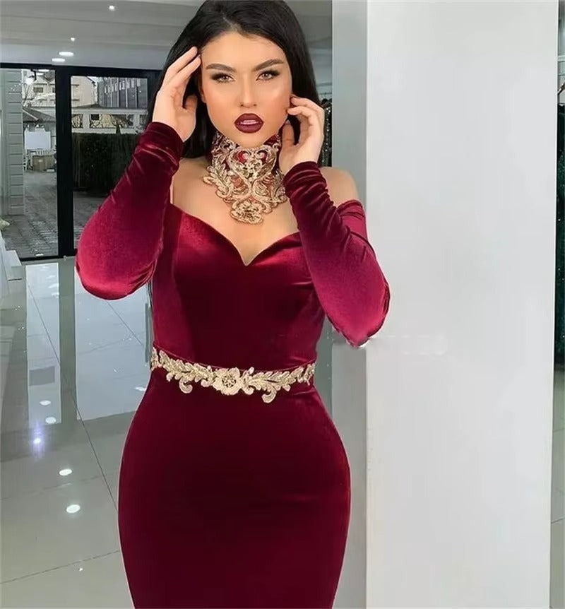 Caftán marroquí de vino tinto, vestido de noche largo, vestidos formales sexis de sirena de Dubái, encantadores apliques dorados, vestidos de celebridades de talla grande